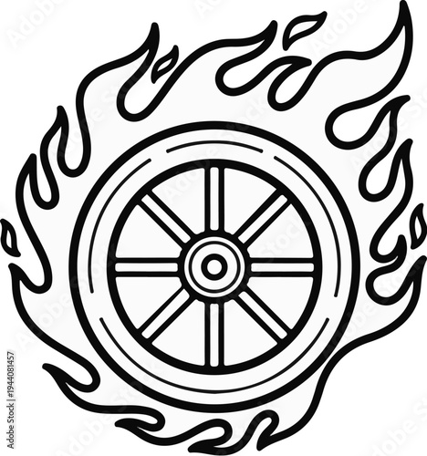 A stylized wheel engulfed in flames, rendered in a bold black outline
