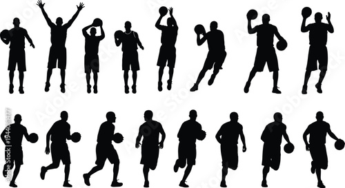 Basketball player silhouette set, athletes dribbling and shooting ball in action poses, sport movement collection isolated on white