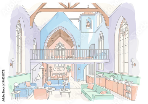 Charming loft apartment interior design in a converted church with pastel colors