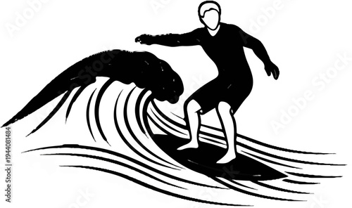 A surfer rides a breaking wave, captured in a minimalist black and white graphic style