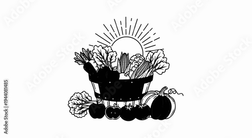 Basket overflowing with fresh vegetables and fruits under a bright sun