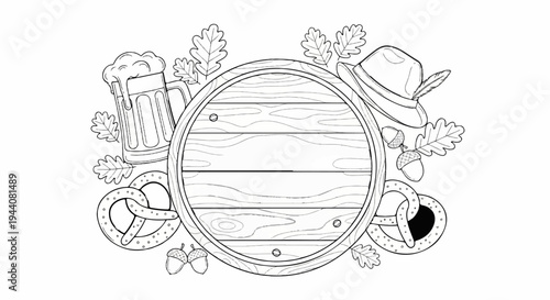 Circular wooden frame surrounded by Oktoberfest symbols like beer, pretzels, hat, and oak leaves