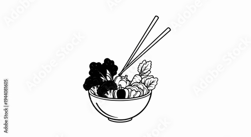 A simple black and white illustration of a bowl filled with fresh vegetables and chopsticks