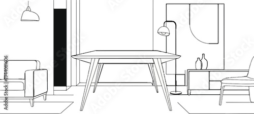 Minimalist living room interior sketch featuring a dining table, sofa, and cabinet