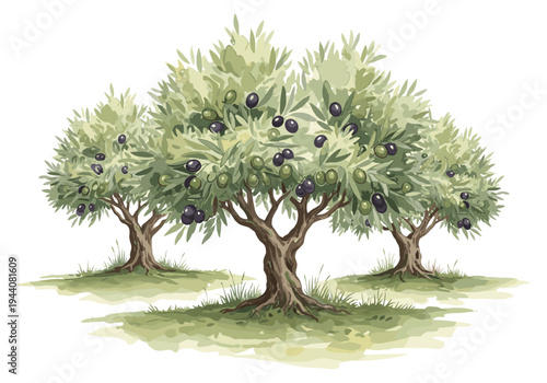 Watercolor illustration of a grove of olive trees with ripe black and green olives