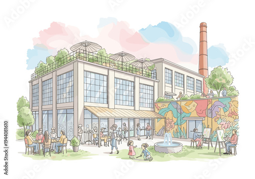 Modern industrial building with rooftop garden, outdoor cafe, and art activities