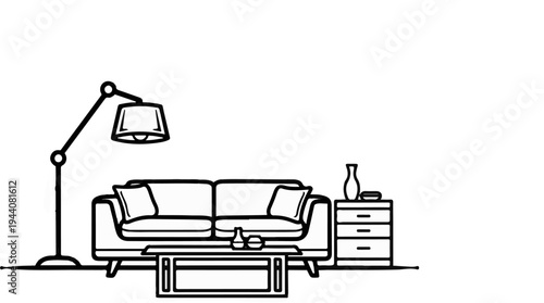 Minimalist line art depicts a cozy living room scene with a sofa, lamp, and side table