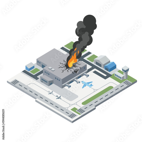 isometric vector flat of an airport damaged by fire from a missile attack 1