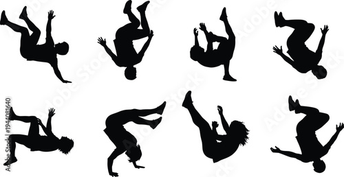 Breakdance silhouettes collection, hip hop dancers performing flips and acrobatic moves set dynamic street dance poses isolated vector illustration