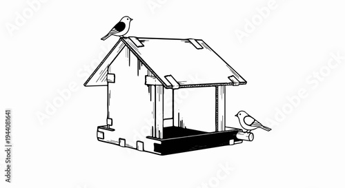 Black and white drawing of a simple wooden bird feeder with two birds perched on it