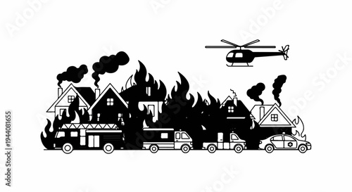 A village burns amidst flames and smoke, emergency vehicles and a helicopter respond