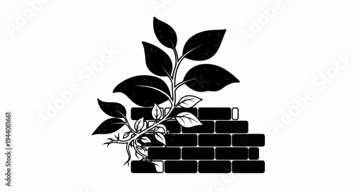 Silhouette of a plant with leaves and roots growing over a brick wall