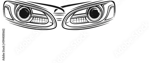 Stylized graphic of twin vehicle headlights with a futuristic, aggressive design