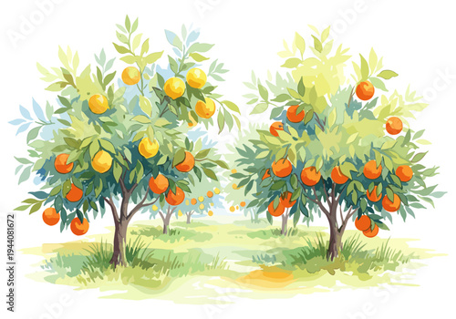 Watercolor illustration of a vibrant orange grove with ripe citrus fruits on trees