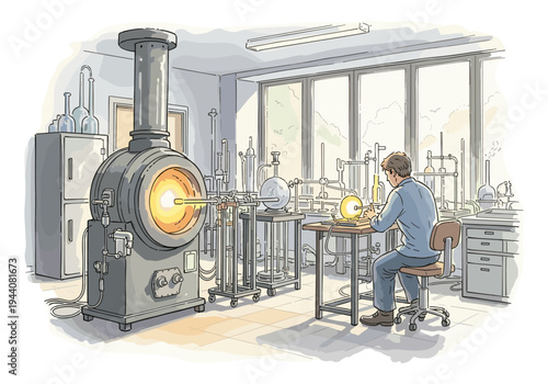 Glassblower working with a furnace and laboratory equipment in a bright, modern workshop