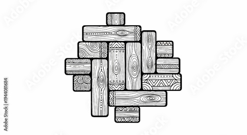 Black and white drawing of arranged wooden planks with various etched patterns