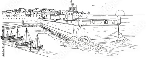 Coastal fortification with sailboats docked in a harbor before a sunlit city