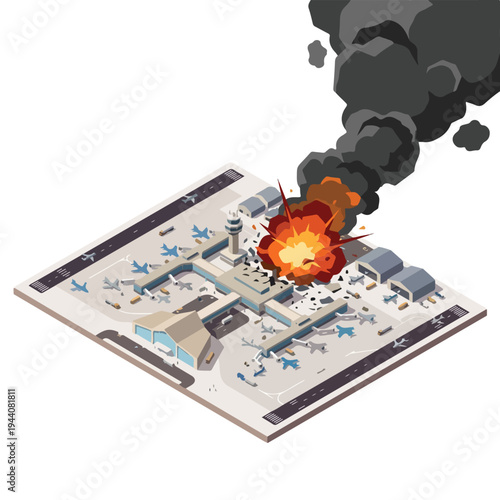isometric vector flat of an airport damaged by fire from a missile attack 02