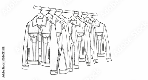 Multiple denim jackets hang on a rack, sketched in black and white