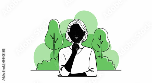 Silhouette of a woman with hand on chin in a park with green trees and bushes