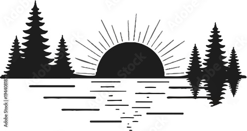 Silhouette of coniferous trees and a rising sun over water