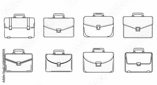 Collection of eight minimalist line-art briefcases, each with a handle and a single buckle closure