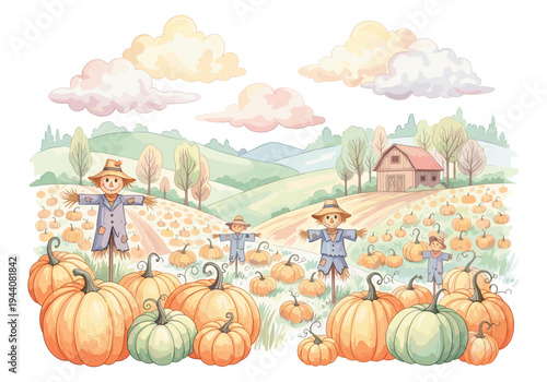 Charming autumn farm scene with scarecrows and abundant pumpkins under soft clouds