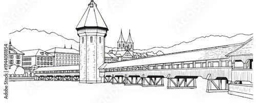 Black and white illustration of a covered bridge and cityscape with mountains