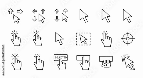 Collection of outline icons depicting cursor actions and interaction with digital elements