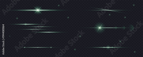 Emerald light rays with horizontal motion blur. Glowing particles and neon starburst elements. Shiny laser beams and elegant bokeh effects for digital design.