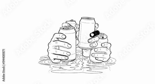Multiple hands grasp empty beverage cans submerged in rippling water