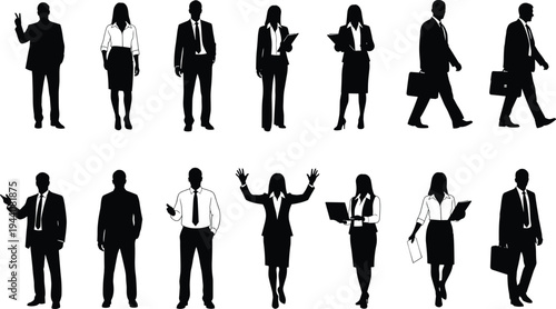Business people silhouette collection, professional men and women standing and walking with briefcase and documents, corporate office worker poses