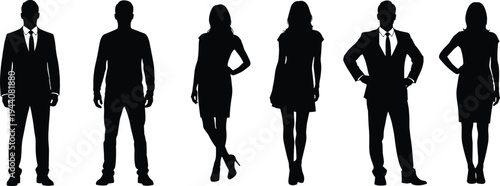 Business people silhouette collection, professional men and women standing in formal suits and dresses, corporate team concept set