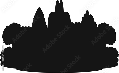 Silhouette of ornamental bushes and pointed trees framing a central structure