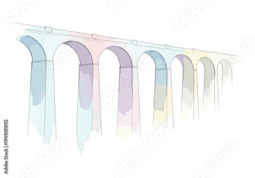 Watercolor illustration of a long stone aqueduct with pastel colored arches and pillars