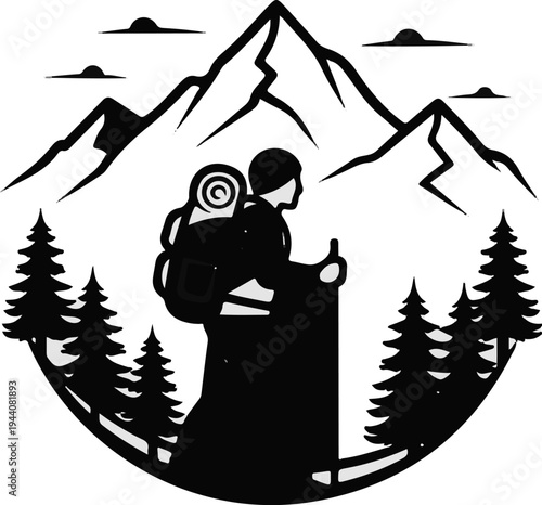 Silhouette of hiker with backpack and trekking pole against mountain backdrop