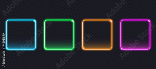 Vibrant blue green orange and purple neon frames. Glowing square borders with soft light effect. Modern geometric elements for web banners and social media.