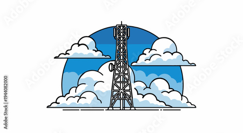 Communication tower against a backdrop of a blue sky with clouds