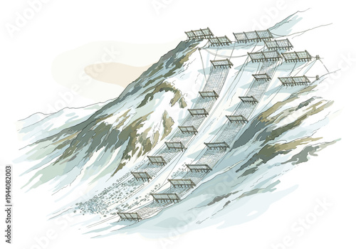 Illustration of avalanche protection barriers installed on a steep, snow-covered mountain slope