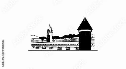 Silhouetted cityscape with a tall clock tower, a round turret, and a covered bridge