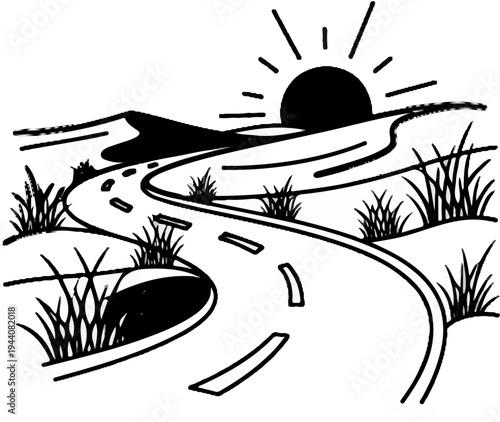 A winding road through a sunlit landscape with hills and sparse vegetation