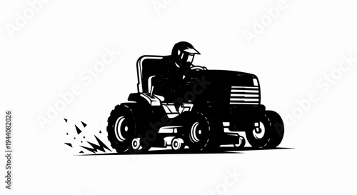 Black and white illustration of a person driving a racing lawn mower