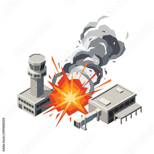 isometric vector flat of an airport damaged by fire from a missile attack 006