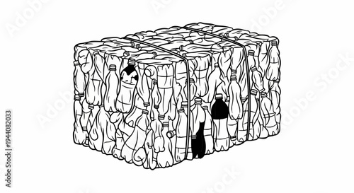 Compressed plastic bottles bound by straps, ready for recycling