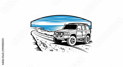 Off-road vehicle journeys on a coastal dirt track under a blue sky