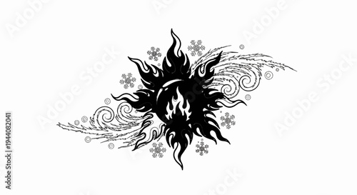Fiery sun with delicate snowflakes and swirling frosty patterns