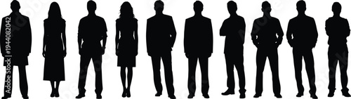 Business people silhouettes collection, corporate men and women standing formal office team poses isolated black vector illustration set