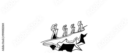 Five hikers with backpacks and poles ascend a narrow, winding mountain trail