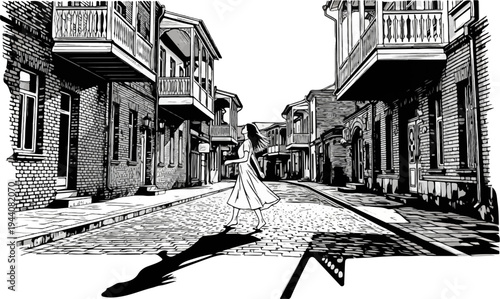 A woman in a flowing dress walks down a cobblestone street in a historic city