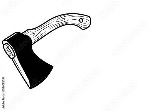 Black and white illustration of a sharpened axe with a wooden handle
